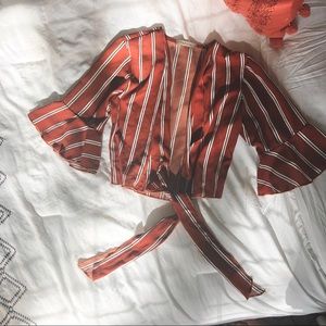 Papaya Stripped Tie Up Crop Top Blouse.